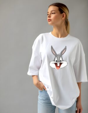 Women's Happy Bugs Bunny Regular Fit Cotton T Shirt Round Neck Cartoon Print Tee