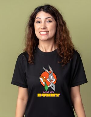 Womens Carrot With Bugs Bunny Regular Fit Cotton T-Shirt Round Neck Cartoon Print Tee - Image 3