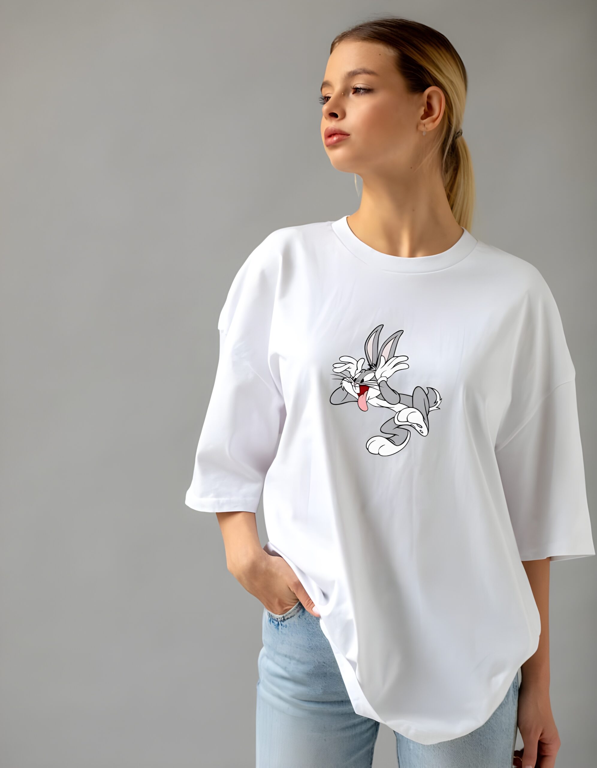 Womens Crazy Bugs Bunny Regular Fit Cotton T Shirt Round Neck Cartoon Print Tee