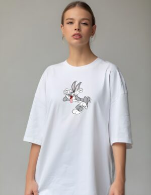 Womens Crazy Bugs Bunny Regular Fit Cotton T Shirt Round Neck Cartoon Print Tee - Image 5