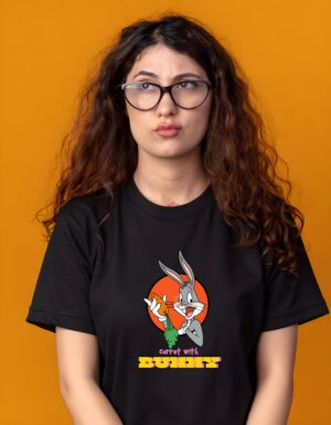 Womens Carrot With Bugs Bunny Regular Fit Cotton T-Shirt Round Neck Cartoon Print Tee