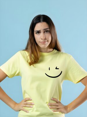 Emoji Smile Round Neck Pure Cotton Regular Fit T-Shirt for Women