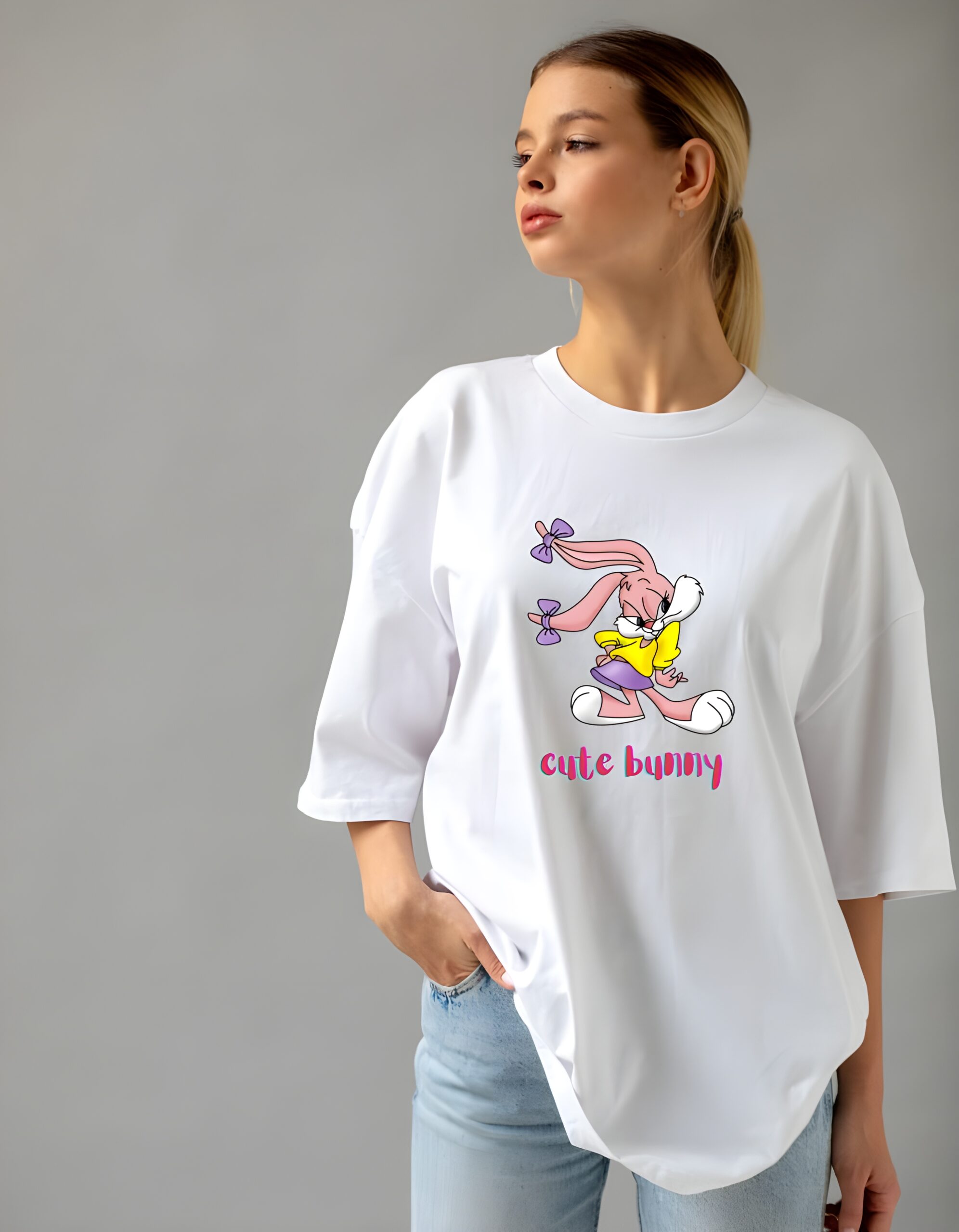 Trending Cute Bunny Women’s Round Neck Pure Cotton Regular Fit T-Shirt